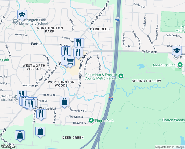 map of restaurants, bars, coffee shops, grocery stores, and more near 7570 Deercreek Drive in Worthington