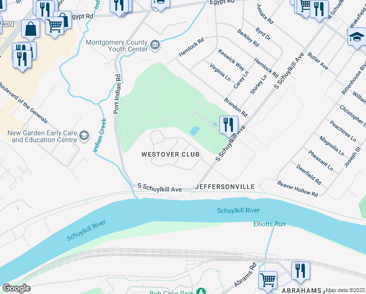 map of restaurants, bars, coffee shops, grocery stores, and more near 507 Bassett Lane in Norristown