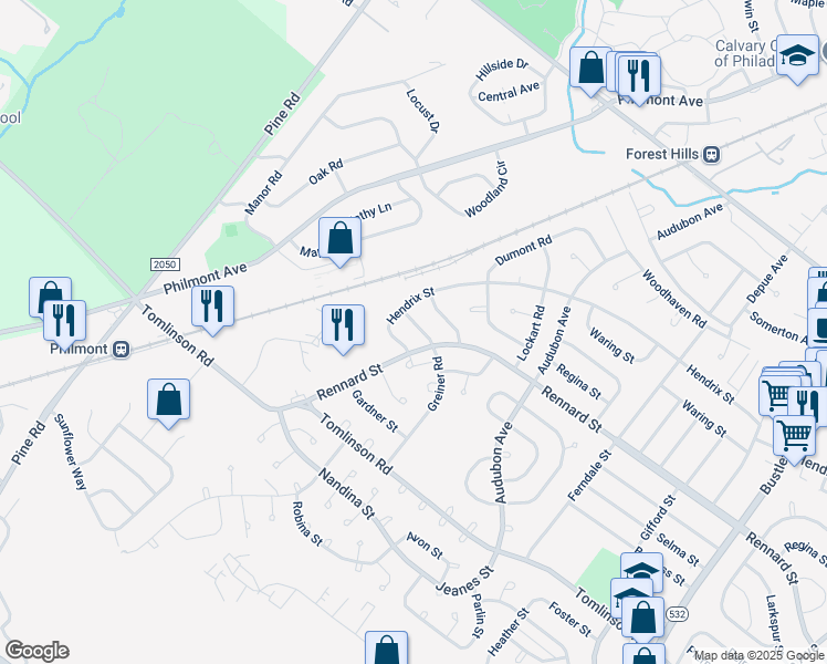 map of restaurants, bars, coffee shops, grocery stores, and more near 11106 Greiner Road in Philadelphia
