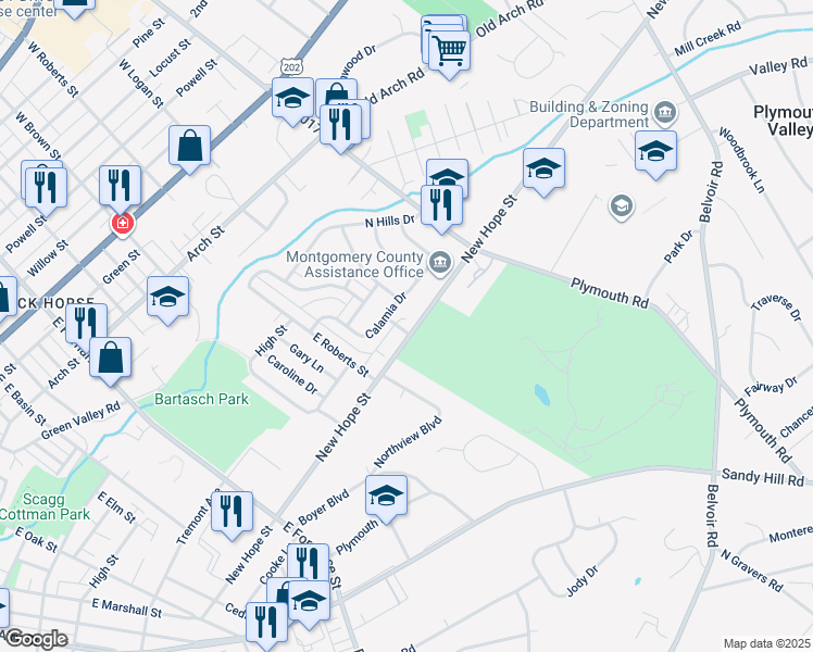 map of restaurants, bars, coffee shops, grocery stores, and more near 1801 New Hope Street in Norristown