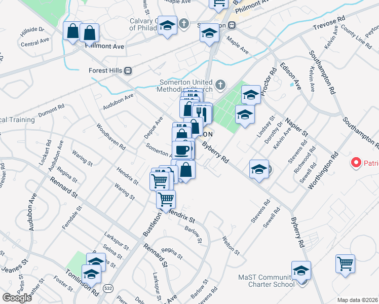 map of restaurants, bars, coffee shops, grocery stores, and more near 12021 Bustleton Avenue in Philadelphia