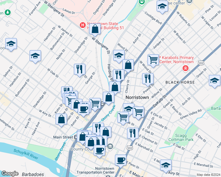 map of restaurants, bars, coffee shops, grocery stores, and more near 157 West Elm Street in Norristown
