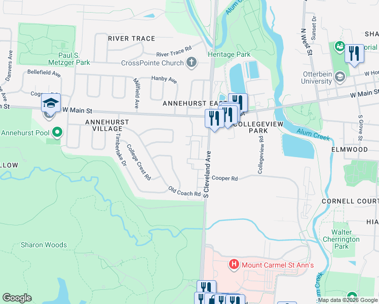 map of restaurants, bars, coffee shops, grocery stores, and more near 123 Lafayette Drive in Westerville