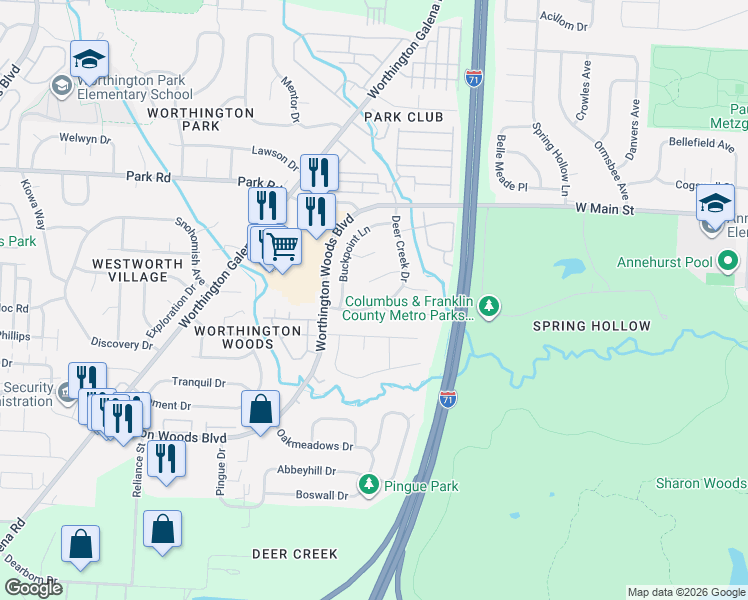 map of restaurants, bars, coffee shops, grocery stores, and more near 7570 Deercreek Drive in Worthington