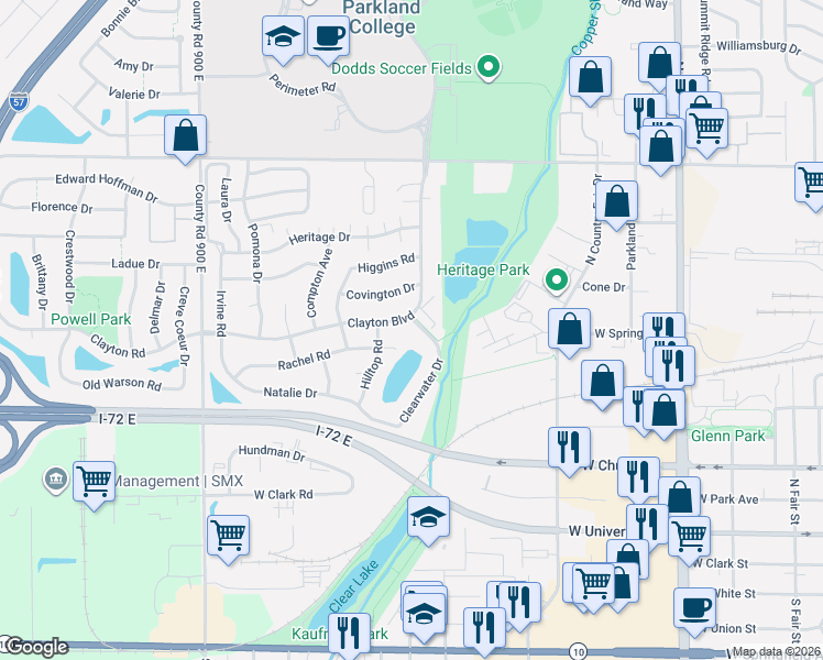 map of restaurants, bars, coffee shops, grocery stores, and more near 507 Clearwater Drive in Champaign