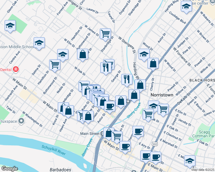 map of restaurants, bars, coffee shops, grocery stores, and more near 713 George Street in Norristown