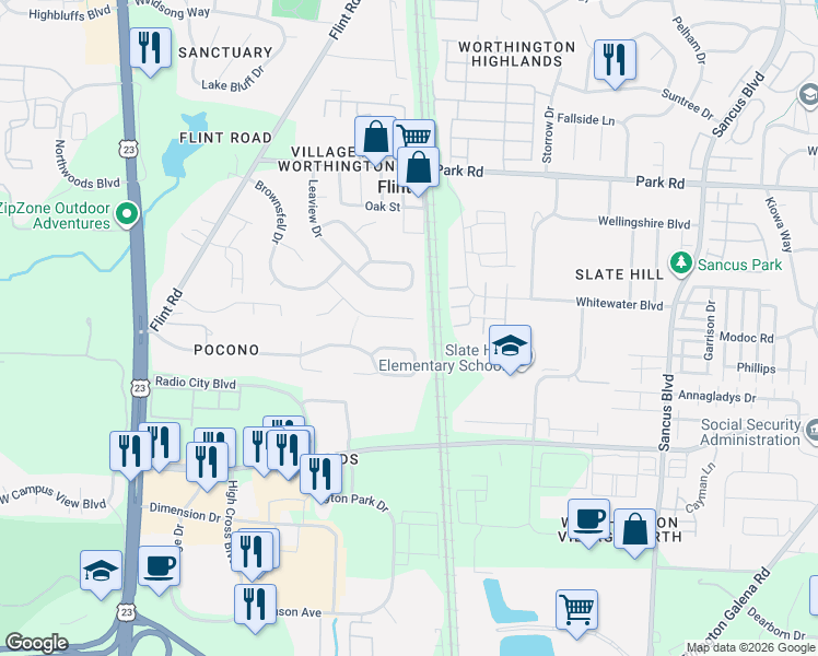 map of restaurants, bars, coffee shops, grocery stores, and more near 374 Bailey Place in Columbus