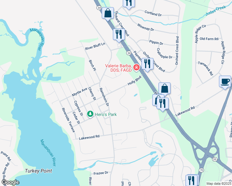 map of restaurants, bars, coffee shops, grocery stores, and more near 1581 Holly Boulevard in Manasquan