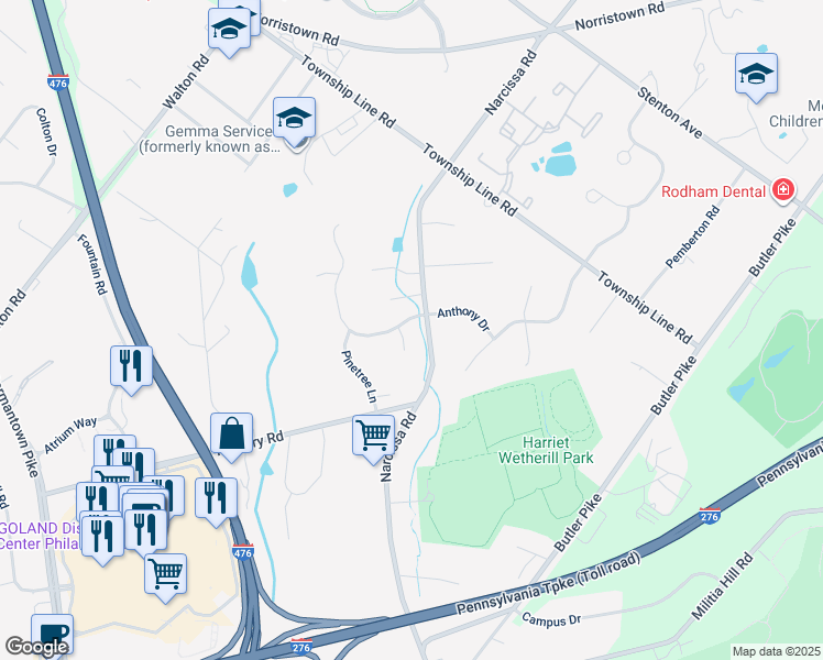 map of restaurants, bars, coffee shops, grocery stores, and more near 1 Hazelwood Drive in Plymouth Meeting