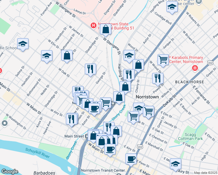 map of restaurants, bars, coffee shops, grocery stores, and more near 765 Astor Street in Norristown