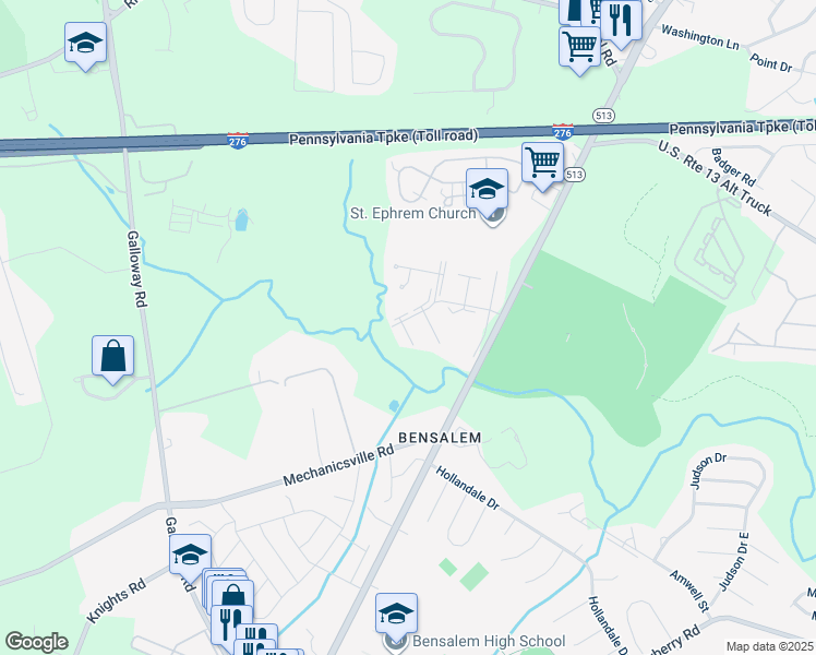 map of restaurants, bars, coffee shops, grocery stores, and more near 5063 Sayer Court in Bensalem