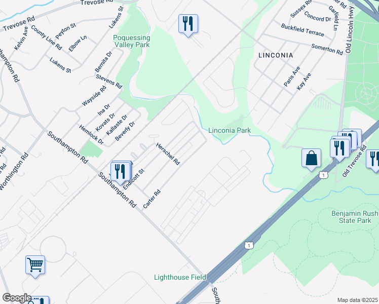 map of restaurants, bars, coffee shops, grocery stores, and more near 15124 Carter Road in Philadelphia