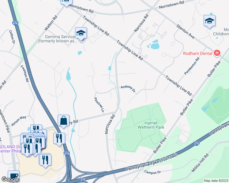 map of restaurants, bars, coffee shops, grocery stores, and more near 1 Hazelwood Drive in Plymouth Meeting