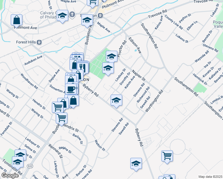 map of restaurants, bars, coffee shops, grocery stores, and more near 13015 Lindsay Street in Philadelphia