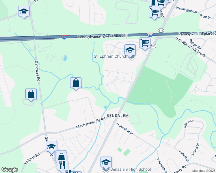 map of restaurants, bars, coffee shops, grocery stores, and more near 5063 Sayer Court in Bensalem