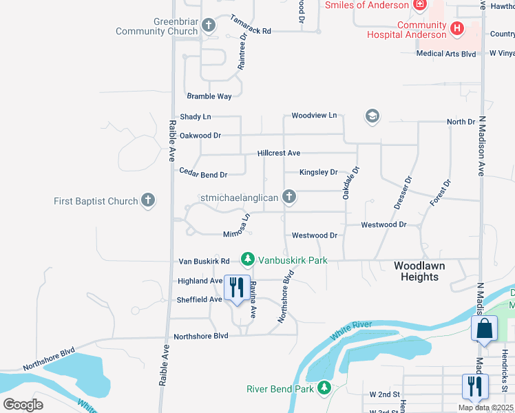 map of restaurants, bars, coffee shops, grocery stores, and more near 2103 Mimosa Lane in Anderson