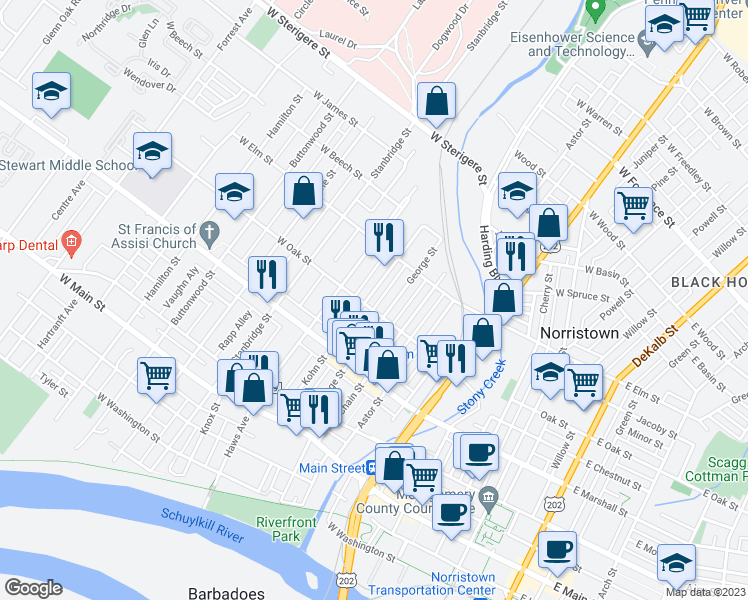 map of restaurants, bars, coffee shops, grocery stores, and more near 708 Kohn Street in Norristown