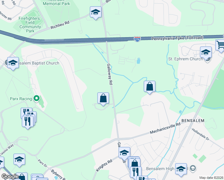 map of restaurants, bars, coffee shops, grocery stores, and more near 2715 Galloway Road in Bensalem