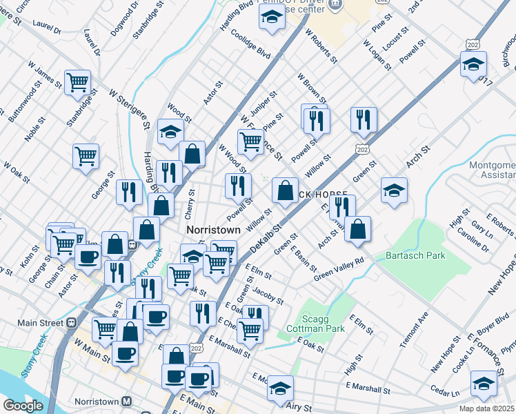 map of restaurants, bars, coffee shops, grocery stores, and more near 7 East Basin Street in Norristown