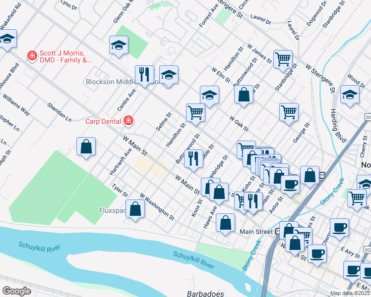 map of restaurants, bars, coffee shops, grocery stores, and more near 521 Buttonwood Street in Norristown