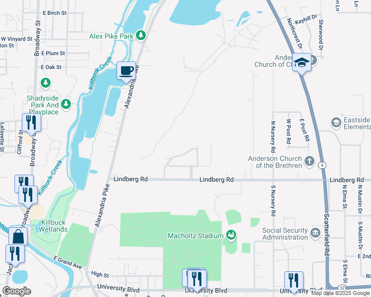 map of restaurants, bars, coffee shops, grocery stores, and more near 1115 Kingsmill Drive in Anderson