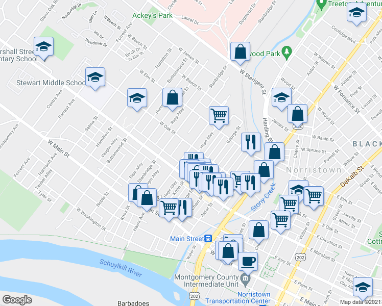 map of restaurants, bars, coffee shops, grocery stores, and more near 658 Haws Avenue in Norristown