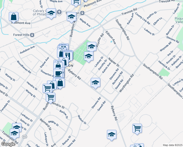 map of restaurants, bars, coffee shops, grocery stores, and more near 13015 Lindsay Street in Philadelphia