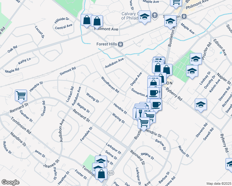 map of restaurants, bars, coffee shops, grocery stores, and more near 476 Depue Place in Philadelphia