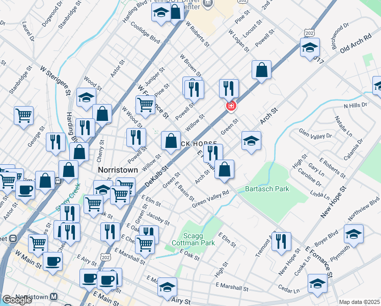 map of restaurants, bars, coffee shops, grocery stores, and more near 1316 DeKalb Street in Norristown