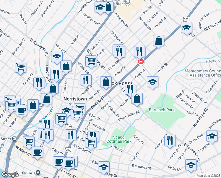 map of restaurants, bars, coffee shops, grocery stores, and more near 1316 DeKalb Street in Norristown