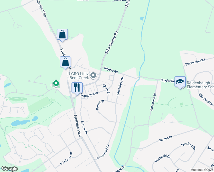 map of restaurants, bars, coffee shops, grocery stores, and more near 1009 Sloan Street in Lititz