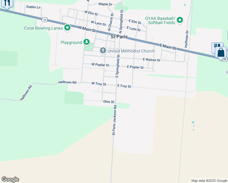 map of restaurants, bars, coffee shops, grocery stores, and more near 714 South Springfield Street in Saint Paris