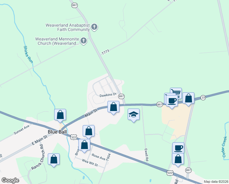 map of restaurants, bars, coffee shops, grocery stores, and more near 1 Dawkins Drive in East Earl