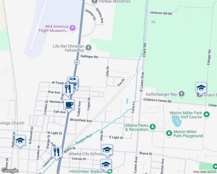 map of restaurants, bars, coffee shops, grocery stores, and more near 441 Julia Street in Urbana
