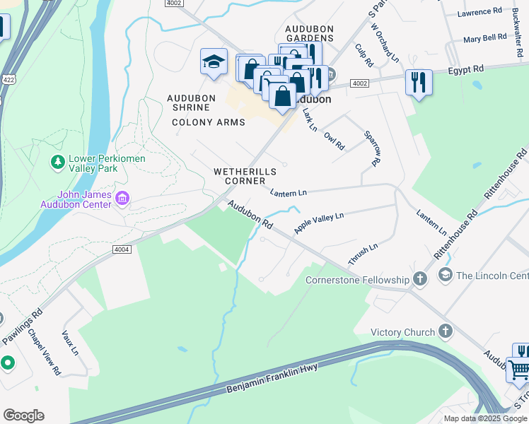 map of restaurants, bars, coffee shops, grocery stores, and more near 2777 Audubon Road in Eagleville