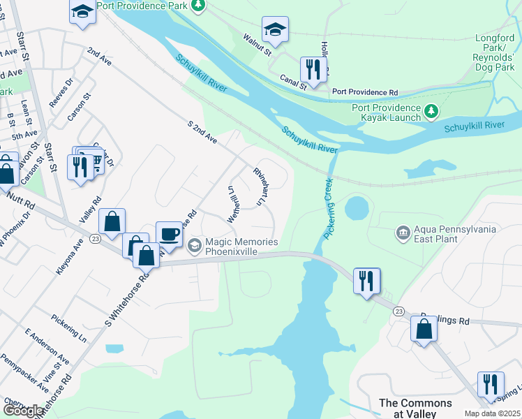 map of restaurants, bars, coffee shops, grocery stores, and more near 815 Rhinehart Lane in Phoenixville