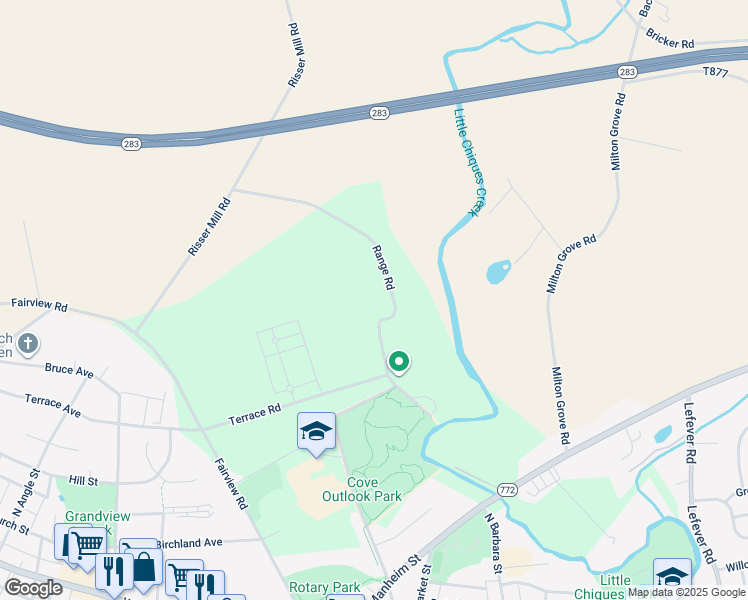 map of restaurants, bars, coffee shops, grocery stores, and more near 180 Range Road in Mount Joy