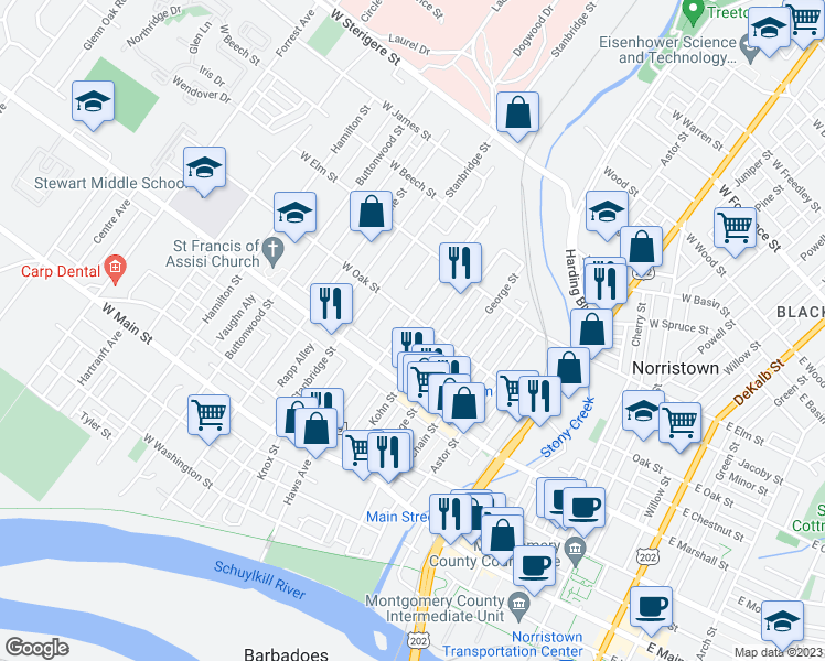 map of restaurants, bars, coffee shops, grocery stores, and more near 660 Haws Avenue in Norristown