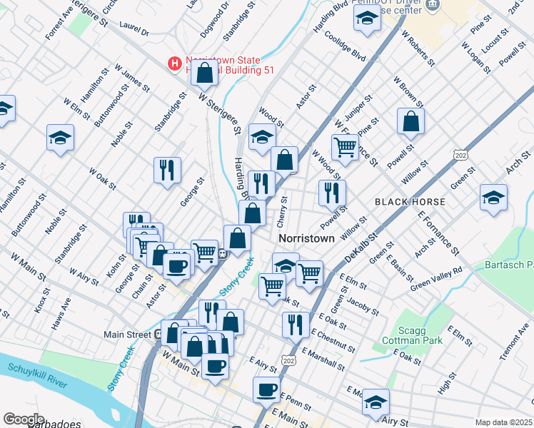 map of restaurants, bars, coffee shops, grocery stores, and more near 226 West Spruce Street in Norristown