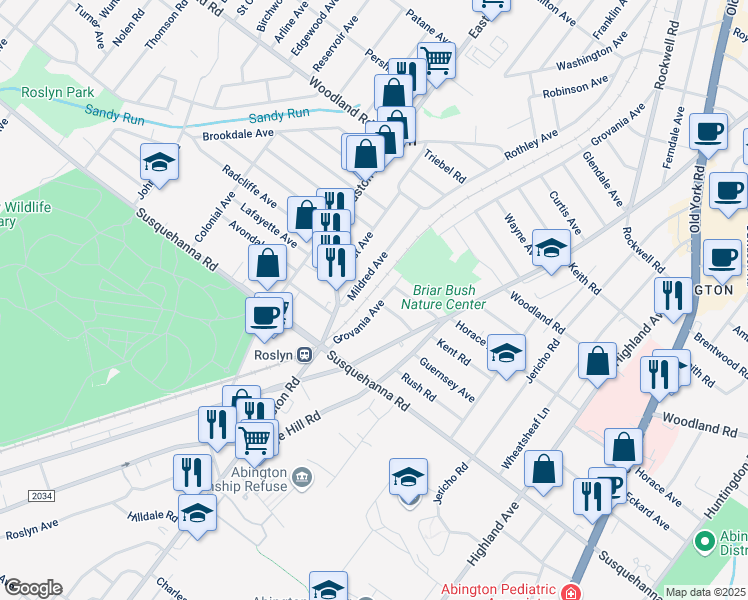map of restaurants, bars, coffee shops, grocery stores, and more near 2228 Albright Avenue in Abington
