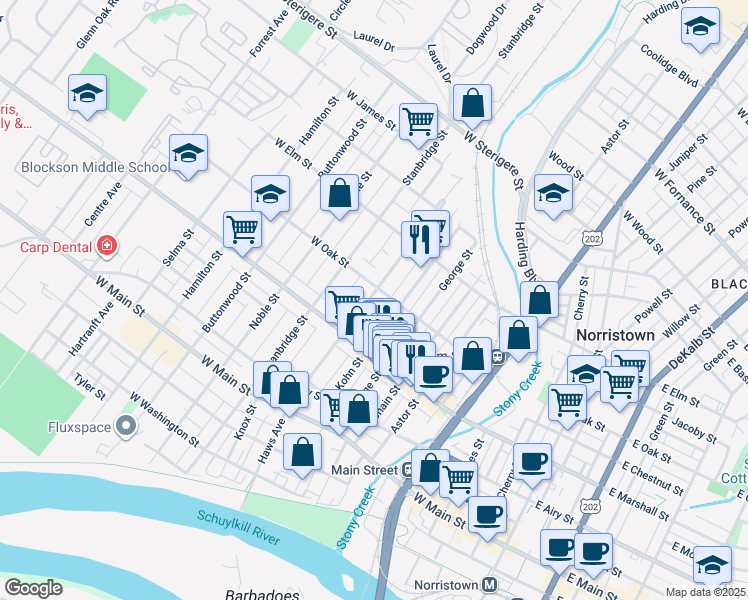 map of restaurants, bars, coffee shops, grocery stores, and more near 658 Haws Avenue in Norristown