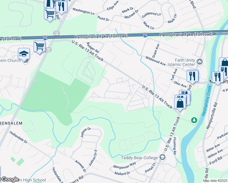 map of restaurants, bars, coffee shops, grocery stores, and more near 024 Galaxy Drive in Bensalem