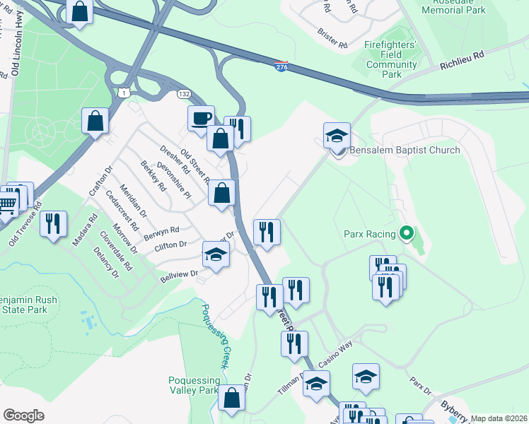 map of restaurants, bars, coffee shops, grocery stores, and more near 3064 Richlieu Road in Bensalem