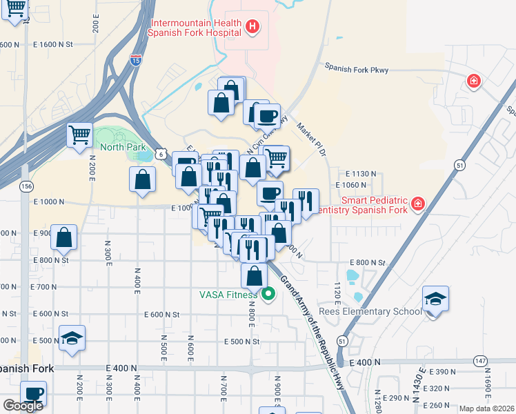 map of restaurants, bars, coffee shops, grocery stores, and more near 832 Expressway Lane in Spanish Fork