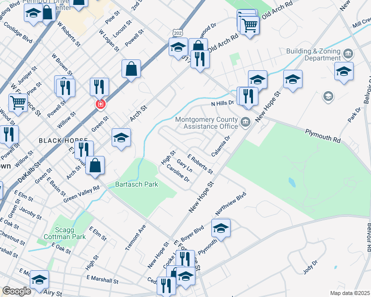 map of restaurants, bars, coffee shops, grocery stores, and more near 549 East Roberts Street in Norristown