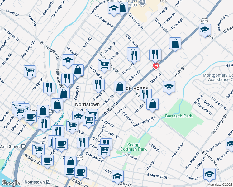 map of restaurants, bars, coffee shops, grocery stores, and more near 43 East Wood Street in Norristown