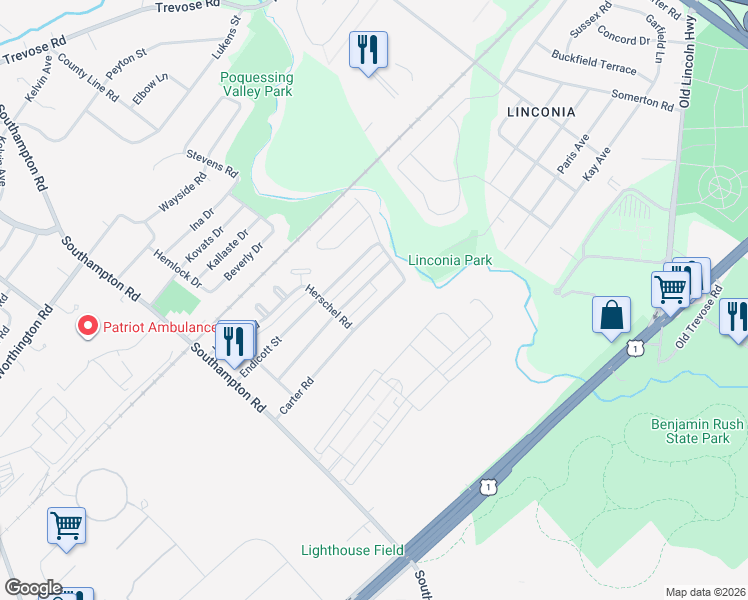 map of restaurants, bars, coffee shops, grocery stores, and more near 15112 Carter Road in Philadelphia