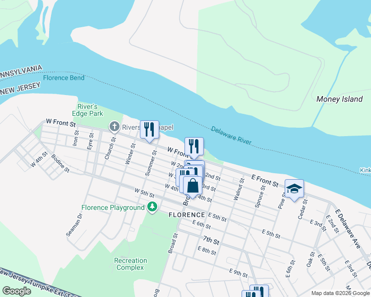 map of restaurants, bars, coffee shops, grocery stores, and more near 14 West Front Street in Florence