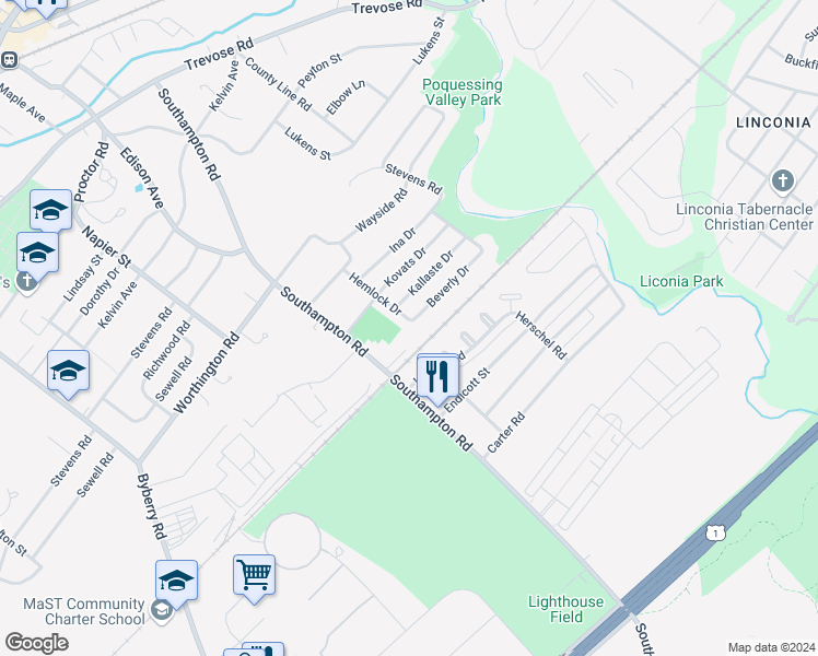 map of restaurants, bars, coffee shops, grocery stores, and more near 1274 Hemlock Drive in Philadelphia