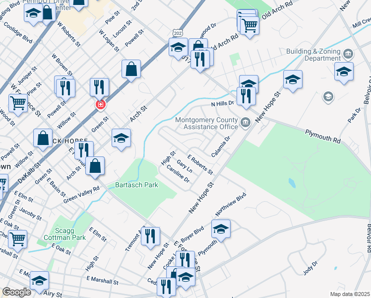 map of restaurants, bars, coffee shops, grocery stores, and more near 549 East Roberts Street in Norristown